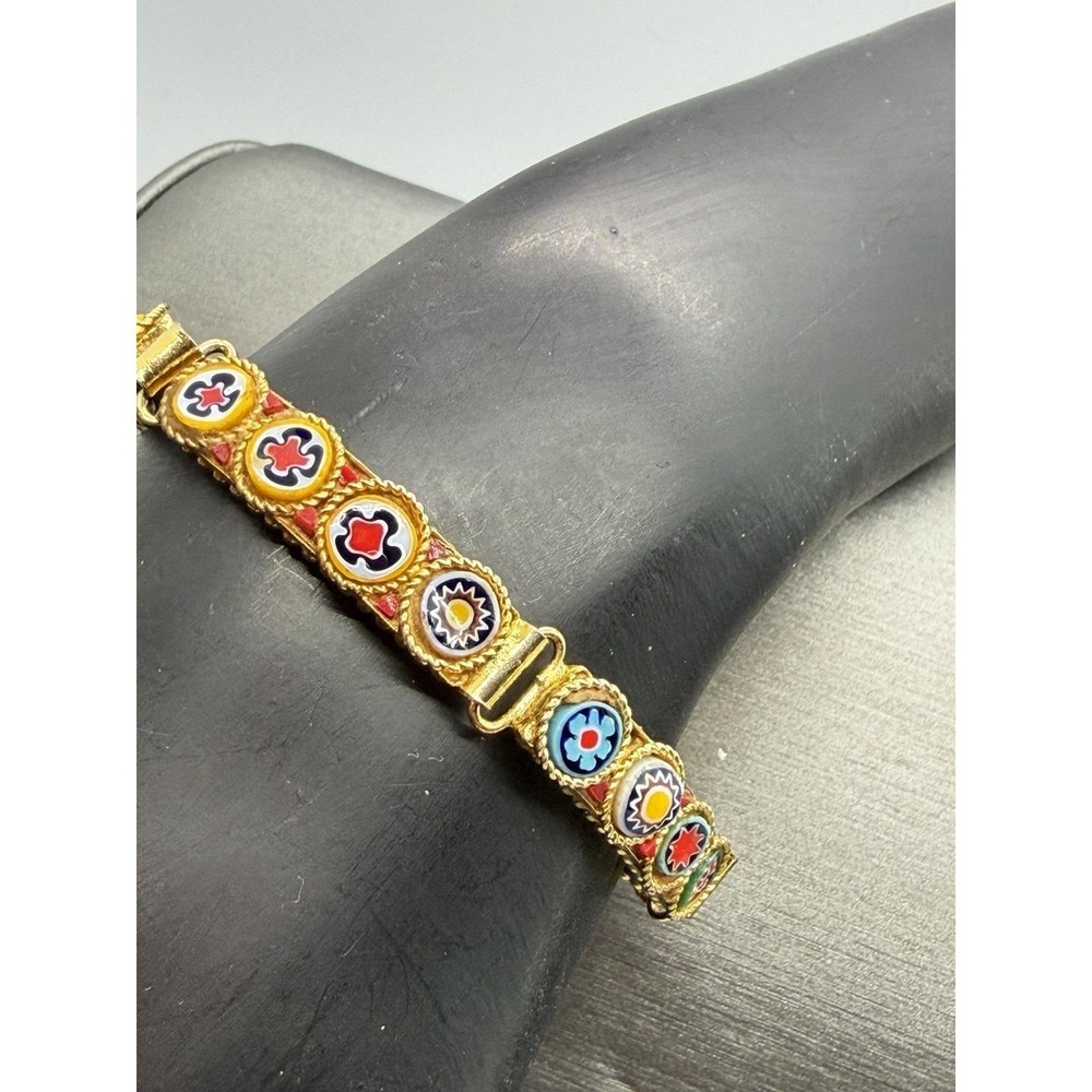 Vintage Micro Mosaic Millefiori Panel Gold Tone Bracelet Multi Color Sz 6 - Picture 6 of 13